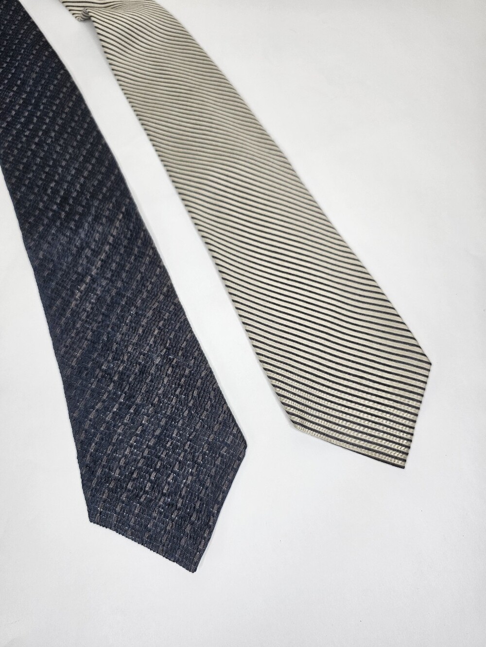 Verri Classic Necktie Pair 100% Silk Navy/Gray Textured & Cream Gray Striped